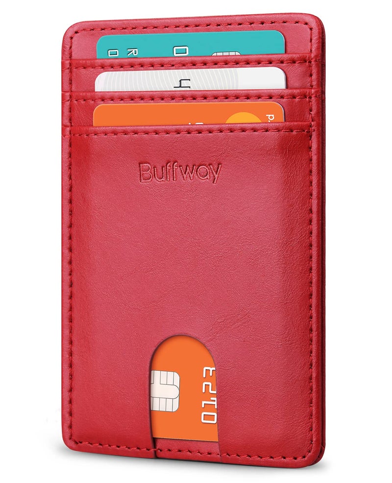 Buffway Mens Slim Wallet, Minimalist Thin Front Pocket Leather Credit Card Holder with RFID Blocking for Work Travel - Seattle Red - Image 1